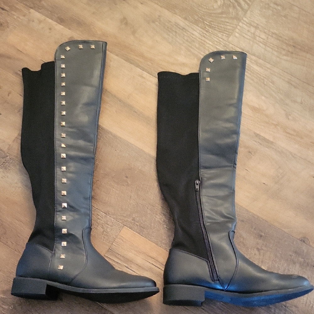 Black Stretch Over The Knee Boots Gold Stud Great Condition